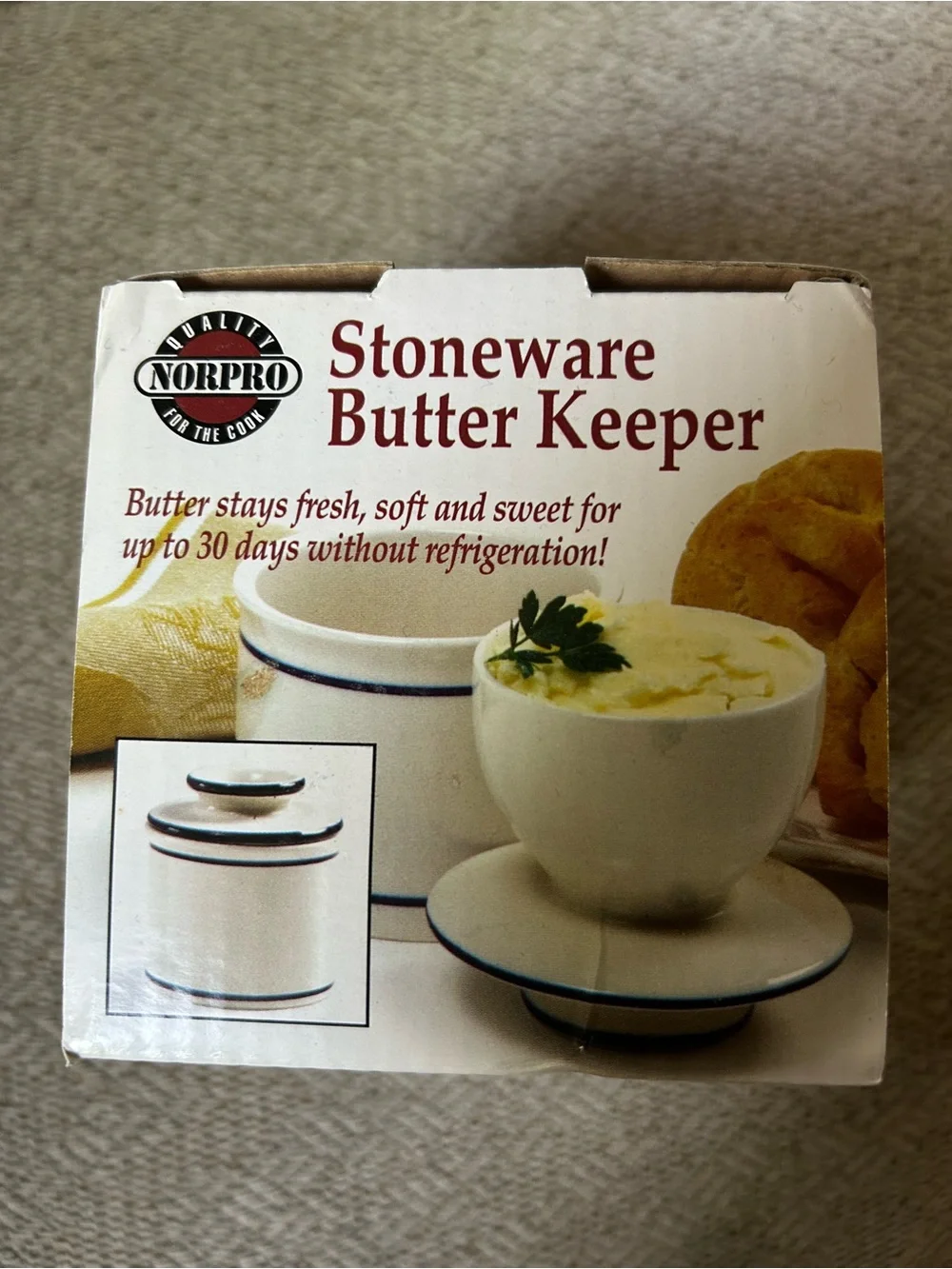 NEW Stoneware Butter Keeper - White with Blue Trim Lidded Crock